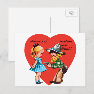 Retro Valentinstag, Vintage Cowboy mit Mädchen Feiertagspostkarte