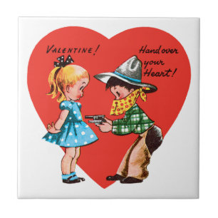 Retro Valentinstag, Vintage Cowboy mit Mädchen Fliese