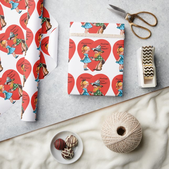 Retro Valentinstag, Vintage-Cowboy mit Mädchen Geschenkpapier (Kunsthandwerk)