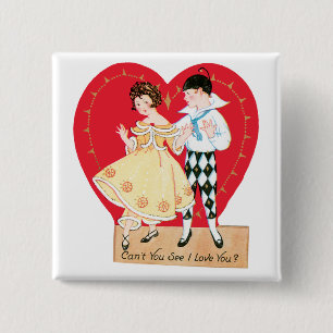 Retro Valentinstag, Vintage-Harlekin und Herz Button