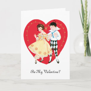 Retro Valentinstag, Vintage-Harlekin und Herz Feiertagskarte