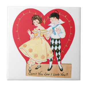 Retro Valentinstag, Vintage Harlekin und Herz Fliese