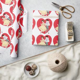 Retro Valentinstag, Vintage-Harlekin und Herz Geschenkpapier