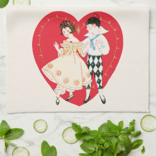 Retro Valentinstag, Vintage-Harlekin und Herz Geschirrtuch