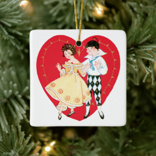 Retro Valentinstag, Vintage Harlekin und Herz Keramikornament
