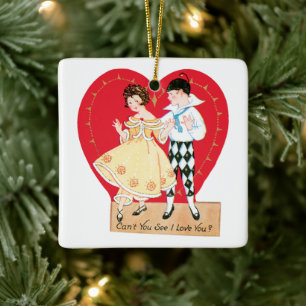 Retro Valentinstag, Vintage-Harlekin und Herz Keramikornament
