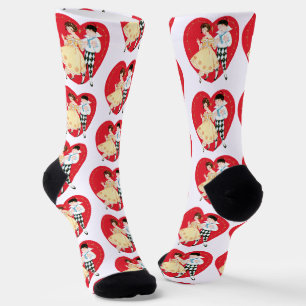 Retro Valentinstag, Vintage Harlekin und Herz Socken