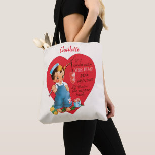Retro Valentinstag, Vintage Junge fischt Herzen