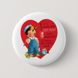 Retro Valentinstag, Vintage Junge fischt Herzen Button