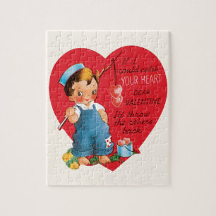 Retro Valentinstag, Vintage Junge fischt Herzen Puzzle