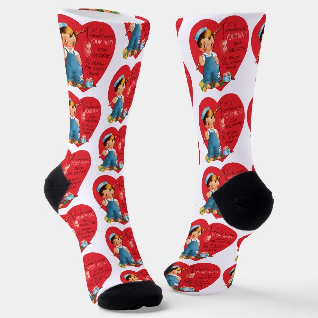 Retro Valentinstag, Vintage Junge fischt Herzen Socken (Gewinkelt)