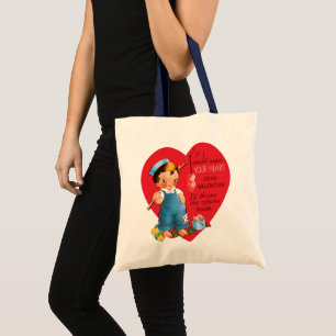 Retro Valentinstag, Vintage Junge fischt Herzen Tragetasche