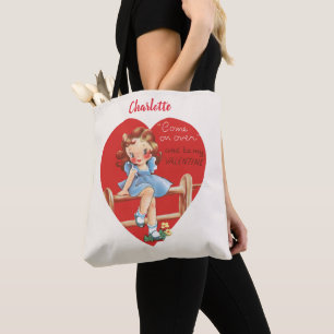 Retro Valentinstag, Vintage Mädchen auf einem Zaun
