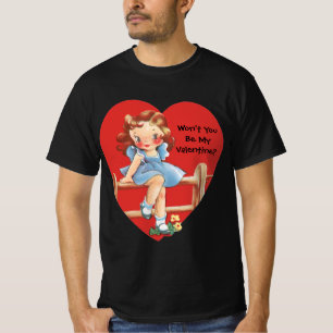 Retro Valentinstag, Vintage Mädchen auf einem Zaun T-Shirt