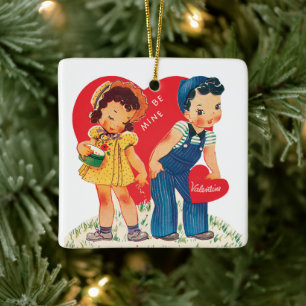 Retro Valentinstag, Vintage Mädchen- und Jungenher Keramikornament