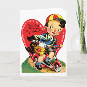 Retro Valentinstag, Vintager Junge auf einem Scoot Feiertagskarte