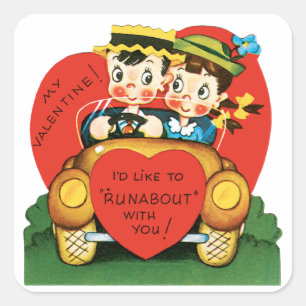 Retro Valentinstag, Vintages Mädchen und Junge im  Quadratischer Aufkleber