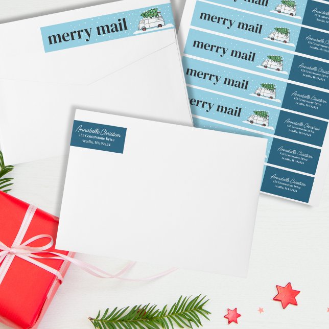 Retro Van Merry Mail Weihnachtsbaum Schnee Winter (Retro Van Merry Mail Wrap Around Christmas Labels)