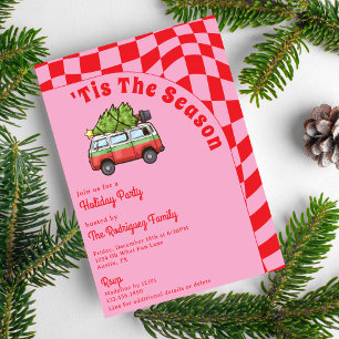 Retro Van Rot Pink Karo Weihnachtsfeier Einladung