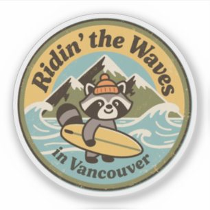 Retro Vancouver Surfen Raccoon Aufkleber