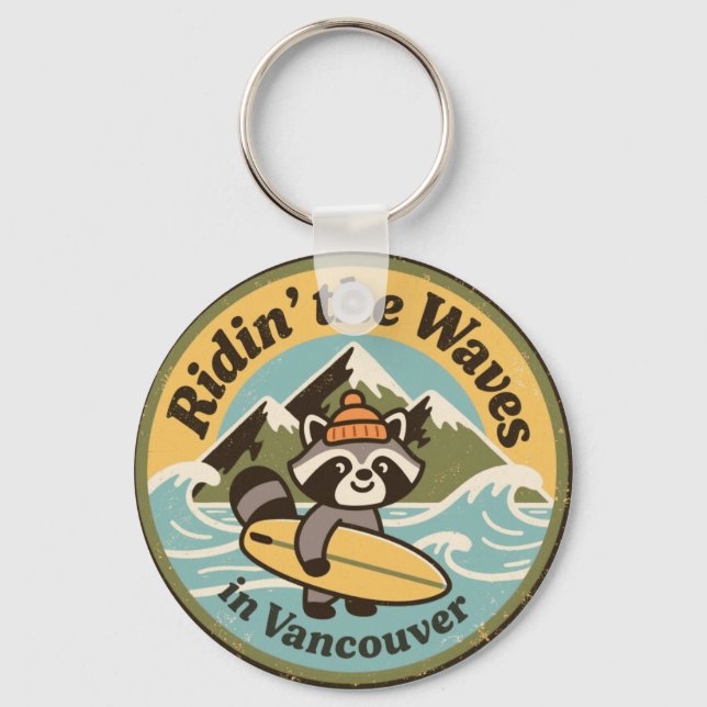 Retro Vancouver Surfing Raccoon Schlüsselanhänger (Vorderseite)