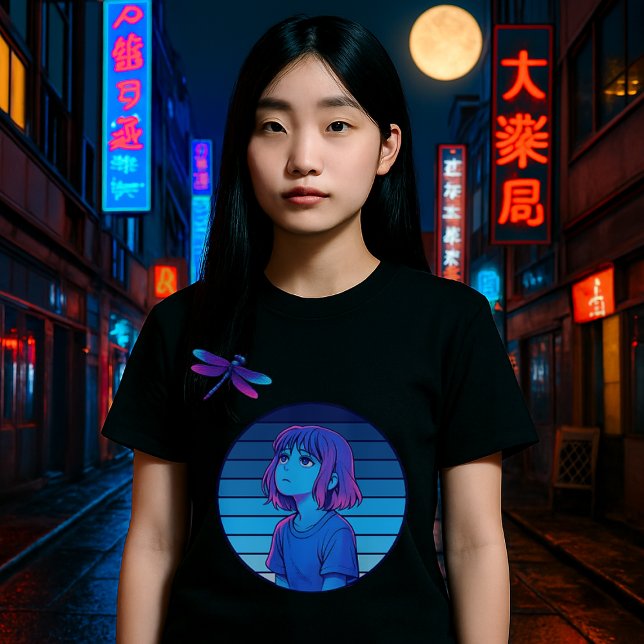 Retro Vaporwave Moon Melancholy Anime Girl T-Shirt (Von Creator hochgeladen)