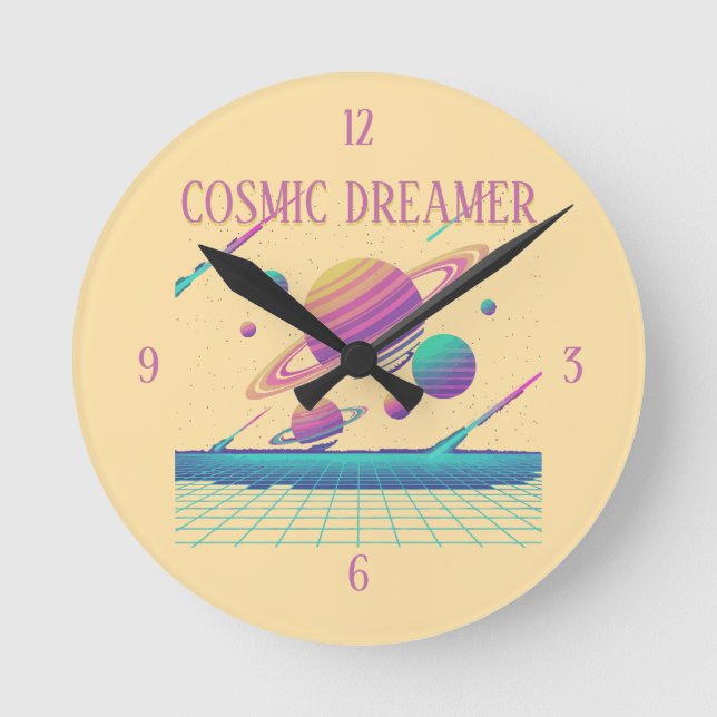 Retro Vaporwave Planets Synthwave Runde Wanduhr (Vorderseite)