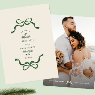 Retro Verheiratet Bows Creme & Green Foto Feiertagskarte