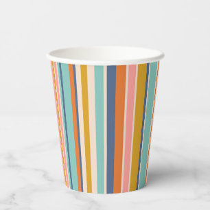 Retro vertikale orangefarbene blaue und gelbe rosa pappbecher