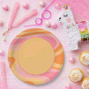 Retro Vibe Abstrakt Swirl 60er 70er Rosa und Gelb Pappteller