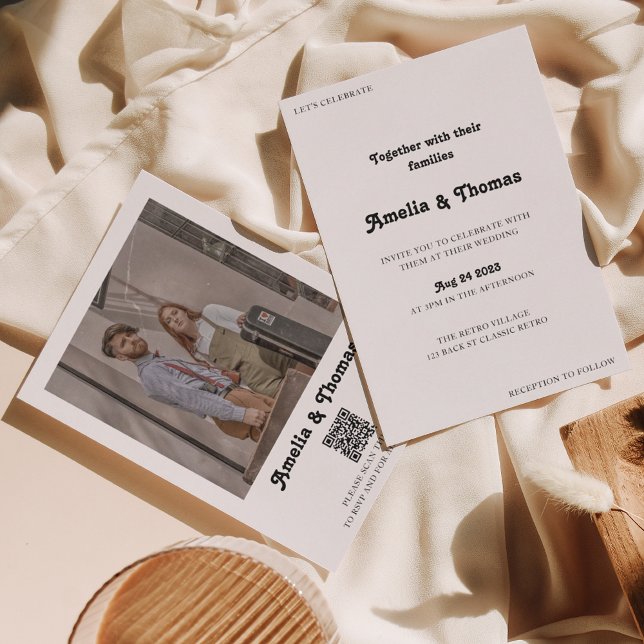 Retro Vibes Classic Foto QR Code Wedding Einladung (Von Creator hochgeladen)