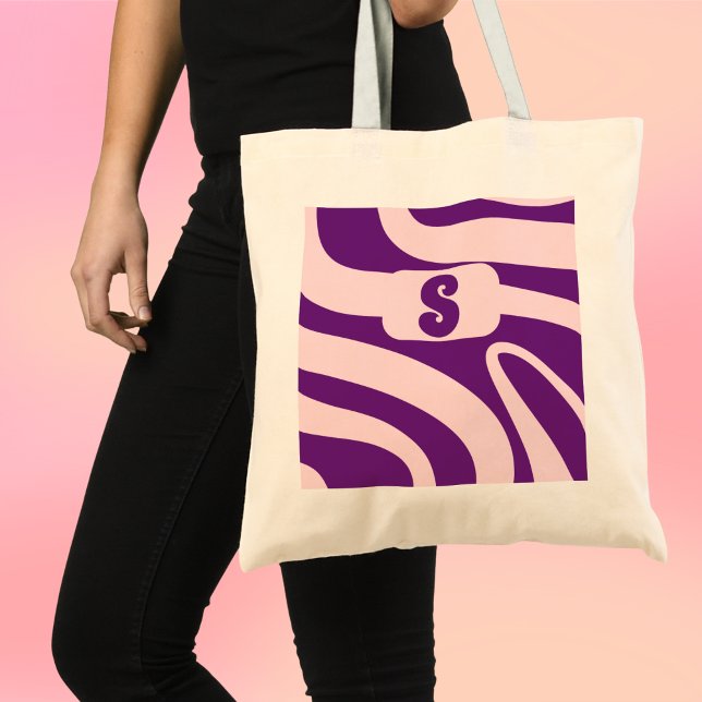 Retro Vibes Essentials Tragetasche (Retro Vibes groovy waves pink and purple budget tote bag.)