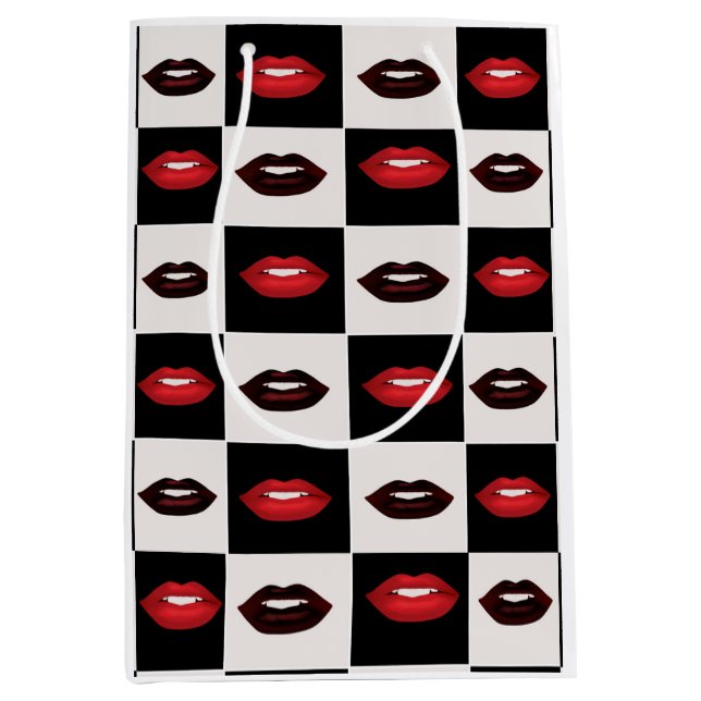 Retro Vibes Red Lips Schwarz-Weiß-Karton Mittlere Geschenktüte (Vorderseite)