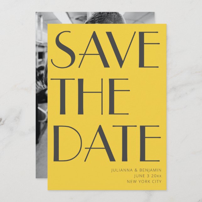Retro Vibranly Gelb Art Deco Editorial Chic Foto Save The Date (Vorne/Hinten)
