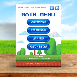 Retro Video Game Menu 1. Geburtstag Party Einladung