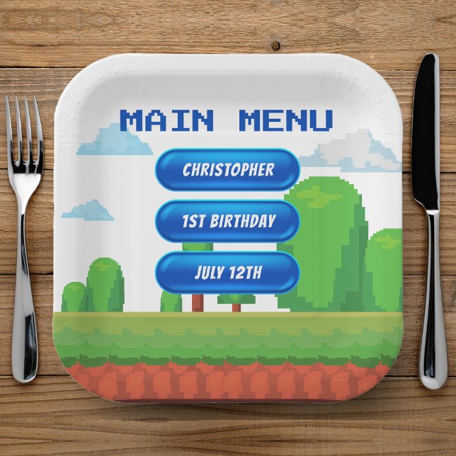 Retro Video Game Menu 1. Geburtstag Party Pappteller (Retro Video Game Menu 1st Birthday Party Paper Plates
)