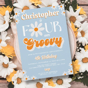 Retro Vier Jungen Groovy Jungs 4. Geburtstag Einladung