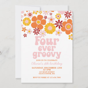 Retro Vier pro Groovy Floral 4. Geburtstag Einladung
