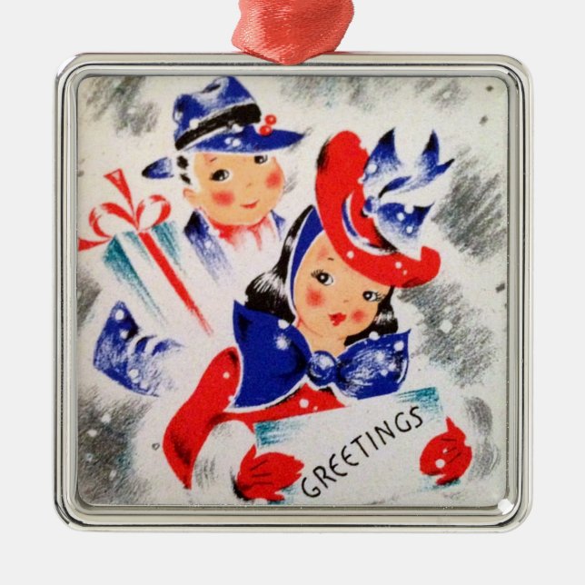 Retro Vierzigerjahre Weihnachtseinkaufspaare Ornament Aus Metall (Vorne)