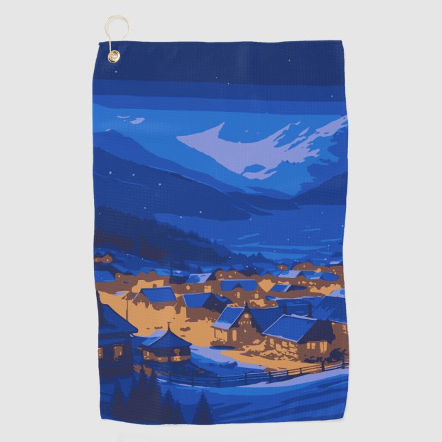 Retro Village Mountain Blue Gold Landschaft Golfhandtuch (Vorderseite)