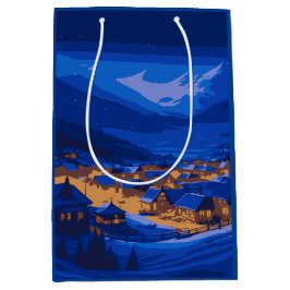 Retro Village Mountain Blue Gold Landschaft Mittlere Geschenktüte