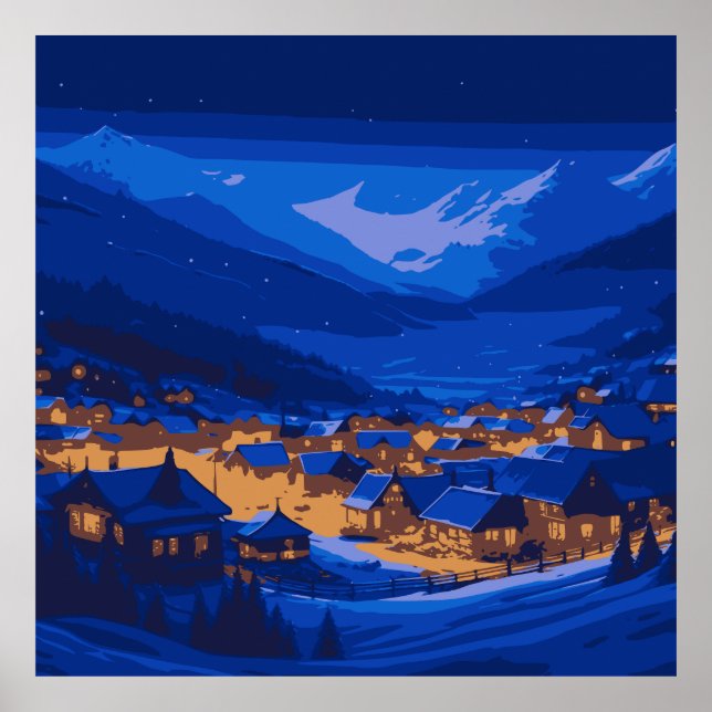 Retro Village Mountain Blue Gold Landschaft Poster (Vorne)