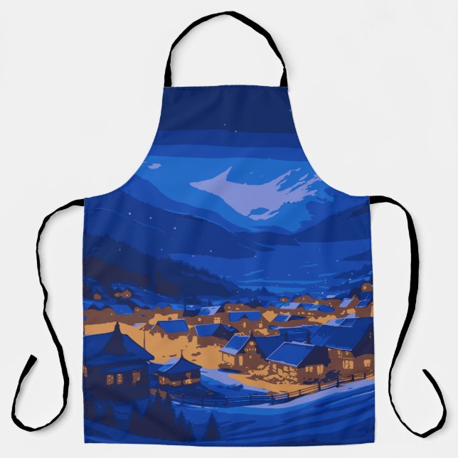 Retro Village Mountain Blue Gold Landschaft Schürze (Vorderseite)