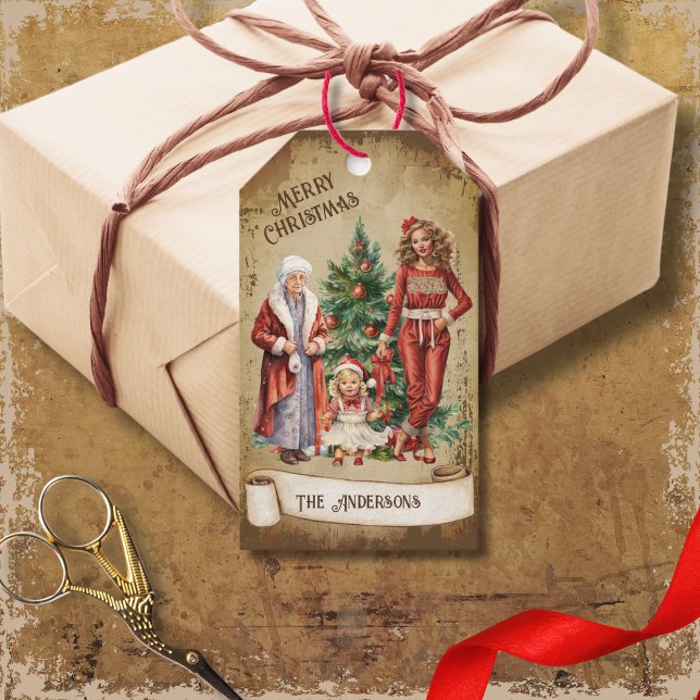 Retro Vintag 3 Generationen und ein Weihnachtsbaum Geschenkanhänger (Von Creator hochgeladen)