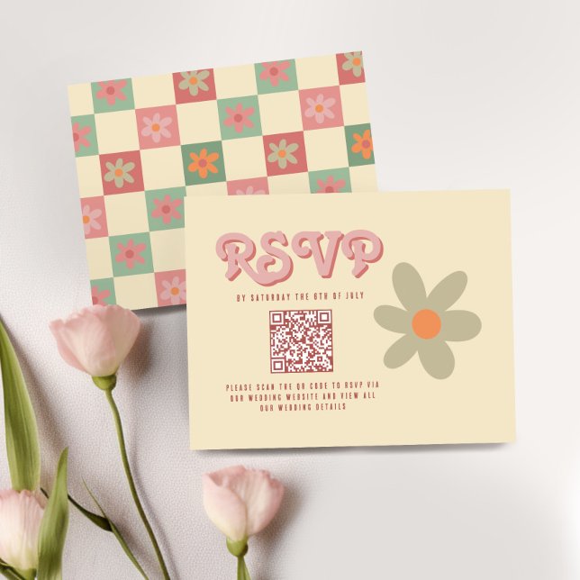 Retro Vintag 70er Wedding QR UAWG RSVP Karte (Von Creator hochgeladen)