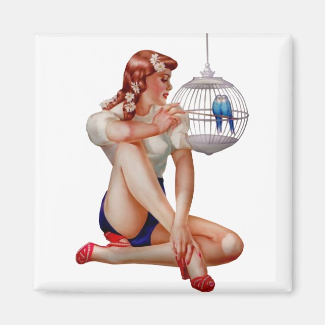 Retro Vintag Bird Cage Pinup Girl Magnet (Vorne)