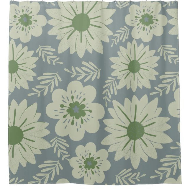 Retro Vintag Blue Green Floral Duschvorhang (Vorderseite)