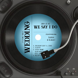 Retro Vintag Blue Vignette Vinyl Record Wedding Einladung