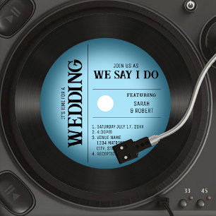 Retro Vintag Blue Vignette Vinyl Record Wedding Einladung