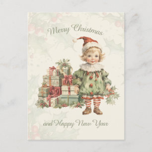 Retro Vintag Boy Weihnachtsgeschenke Holly Postkarte